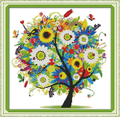 Product Cover eGoodn Stamped Cross Stitch Embroidery Kits Printed Pattern - Happy Tree 11ct Fabric 18.1 inches by 18.1 inches, Cross-Stitching DIY Needlework, No Frame