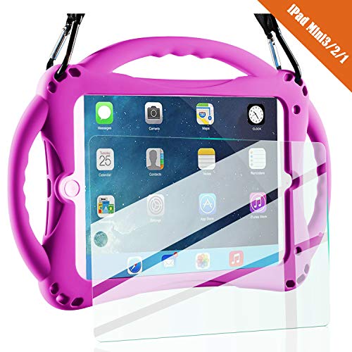 Product Cover TopEs iPad Mini Case Kids Shockproof Handle Stand Cover&(Tempered Glass Screen Protector) for iPad Mini, Mini 2, Mini 3 and iPad Mini Retina Models (Purple)