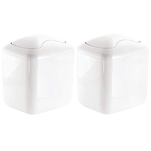 Product Cover mDesign Modern Plastic Square Mini Wastebasket Trash Can Dispenser with Swing Lid for Bathroom Vanity Countertop or Tabletop - Dispose of Cotton Rounds, Makeup Sponges, Tissues - 2 Pack - White
