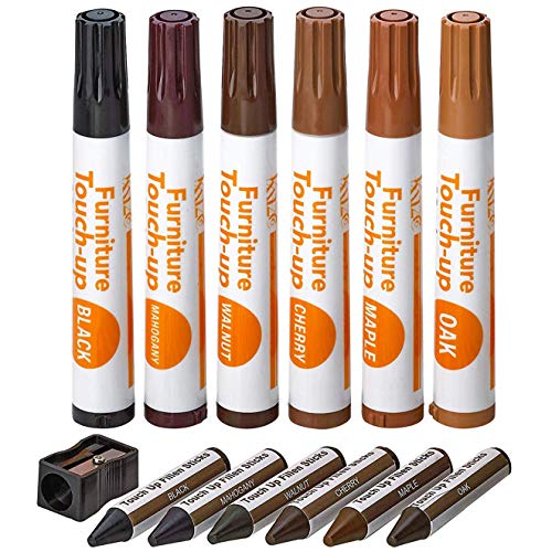 Product Cover Katzco Furniture Repair Kit Wood Markers - Set of 13 - Markers and Wax Sticks with Sharpener - for Stains, Scratches, Floors, Tables, Desks, Carpenters, Bedposts, Touch-Ups, Cover-Ups, Molding Repair