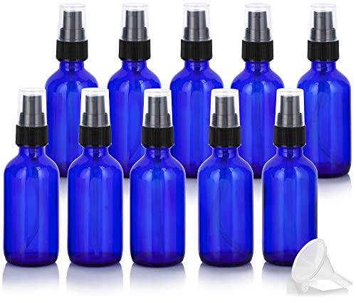 Product Cover 2 oz Cobalt Blue Glass Boston Round Treatment Pump Bottle (10 Pack) + Funnel for Essential Oils, Aromatherapy, Food Grade, bpa Free