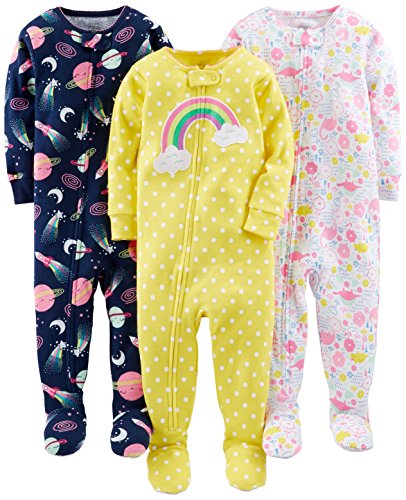 Product Cover Simple Joys by Carter's Baby Girls' 3-Pack Snug-Fit Footed Cotton Pajamas, Dinosaur, Space, Rainbow, 12 Months