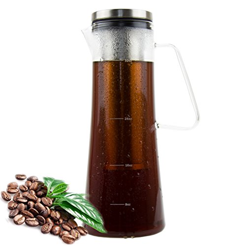 Product Cover Cold Brew Coffee Maker | Coffee &Tea Pitcher, Tea Infuser, 1.0L / 34oz Glass Carafe, BPA Free, Odor & Stain Free, Ergonomic Spout, Removable Stainless Steel Filter.