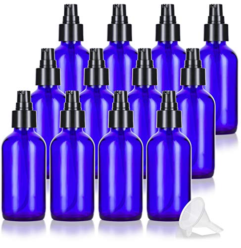 Product Cover 4 oz Cobalt Blue Glass Boston Round Treatment Pump Bottle (12 Pack) + Funnel for Essential Oils, Aromatherapy, Food Grade, bpa Free
