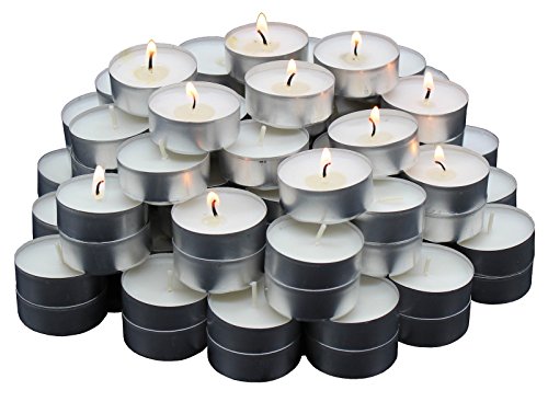 Product Cover MontoPack Unscented Tealight Candles Bulk 100 Pack | Paraffin Pressed Wax, Smokeless, Dripless, Long Lasting Burning | for Home Decor, Table Centerpieces, Birthday Parties, Christmas and Pool