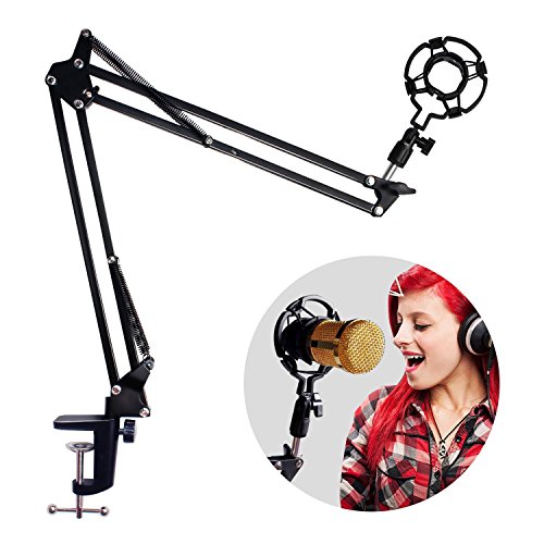 Product Cover Adjustable Microphone Suspension Boom Scissor Arm Stand with Shock Mount Mic Clip Holder - Compact Mic Stand Made of Zinc Alloy - for Live Broadcasting, Podcast, Solo Artist