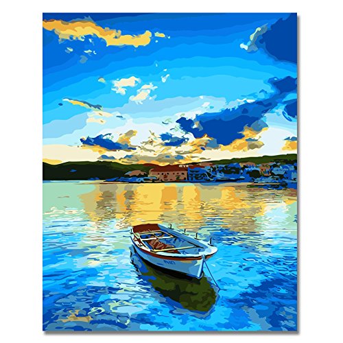 Product Cover Rihe DIY Oil Painting Paint By Numbers Kits Mounted on Wood Frame with Brushes Acrylics Painting Kits on Canvas for Adults Kids Beginner - Lakeside Village 16x20 Inch(Wooden framed)