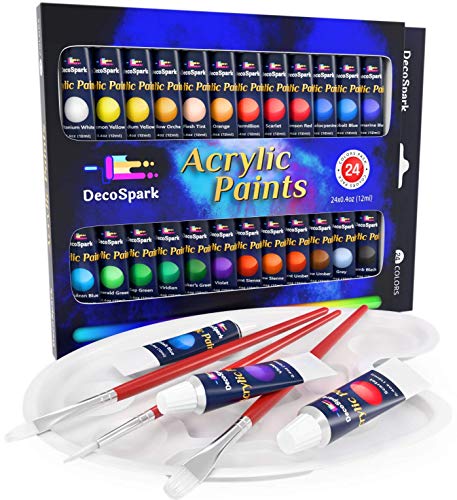 Product Cover Acrylic Paint Set - 24 X 12ml Tubes, 3 Free Brushes And Palette | Rich Pigment, Non-Toxic | Painting on Canvas, Wood, Ceramic, Fabric | Perfect Paints For Kids, Beginners And Professionals | Decospark