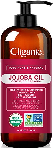 Product Cover USDA Organic Jojoba Oil 16 oz with Pump, 100% Pure | Bulk, Natural Cold Pressed Unrefined Hexane Free Oil for Hair & Face | Base Carrier Oil - Certified Organic | Cliganic 90 Days Warranty