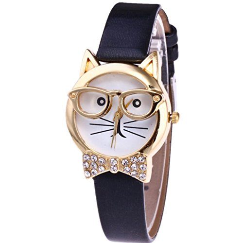 Product Cover Datework Cute Glasses Cat Analog Quartz Dial Wrist Watch (Black)