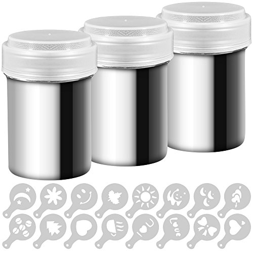Product Cover 3 Pack Stainless Steel Powder Shaker, Coffee Cocoa Dredges with Fine-Mesh Lid, AIFUDA Power Can For Baking Cooking Home Restaurant with 16 Pcs Printing Molds Stencils