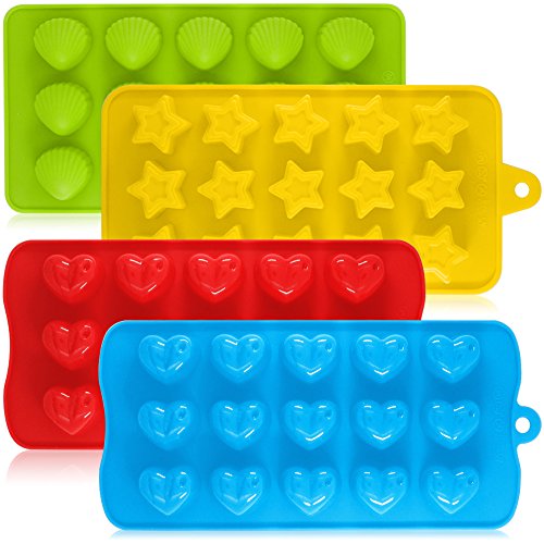 Product Cover Silicone Chocolate Candy Molds, AIFUDA 4 Packs Non-stick Baking Molds Ice Cube Trays for Making Cake Muffin Cupcake Gumdrop Jelly - Heart, Star & Shell