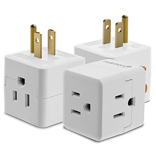 Product Cover 3 Outlet Wall Adapter Tap (3 Pack), Fosmon 3-Prong Portable Travel Mini Plug Grounded Indoor AC Outlet, ETL Listed - White