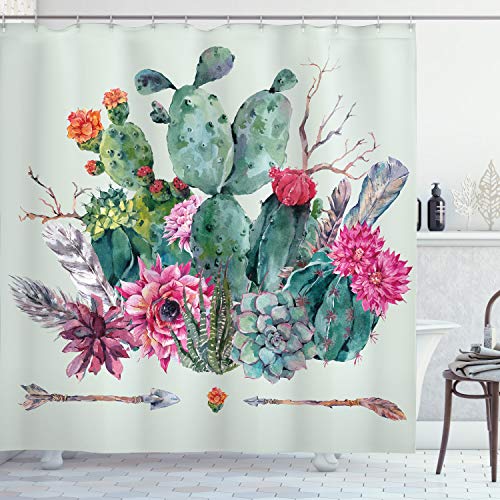 Product Cover Ambesonne Cactus Shower Curtain, Spring Garden with Boho Style Bouquet of Thorny Plants Blossoms Arrows Feathers, Cloth Fabric Bathroom Decor Set with Hooks, 84