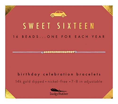 Product Cover Lucky Feather Sweet 16 Gifts for Girls; 16th Birthday Bracelet Gift Idea for 16 Year Old Girls with 14K Gold Dipped Beads on Adjustable Cord
