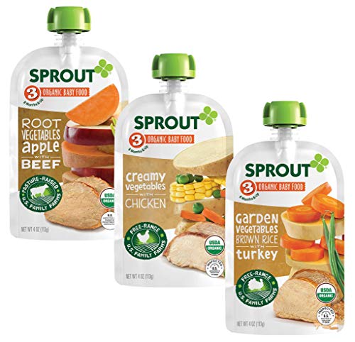Product Cover Sprout Organic Stage 3 Baby Food Pouches, Meat Variety, 4 Ounce (Pack of 18) 6 of Each: Root Veg Apple w/ Beef, Creamy Veg w/ Chicken & Garden Veg Brown Rice w/ Turkey