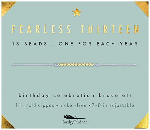 Product Cover Lucky Feather Gifts for 13 Year Old Girl; 13th Birthday Bracelet with 13 Dainty 14K Gold Dipped Beads on Adjustable Cord; Bat Mitzvah Gift