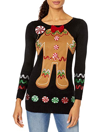 Product Cover Blizzard Bay Women's Ugly Christmas Gingerbread Sweater, Black Silver Red, Small