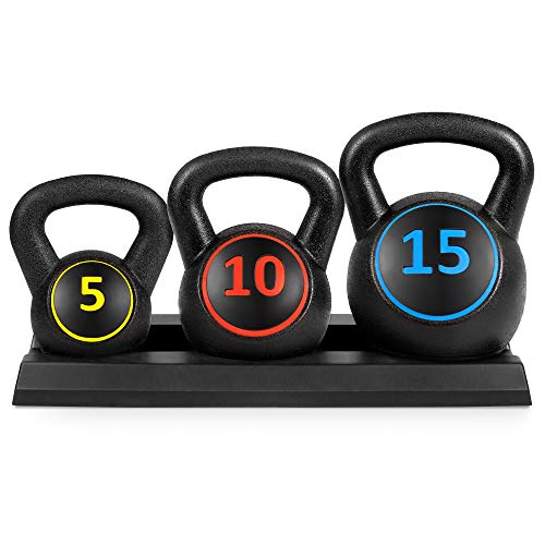 Product Cover Best Choice Products 3-Piece HDPE Kettlebell Exercise Fitness Weight Set w/ 5lb, 10lb, 15lb Weights, Base Rack - Black