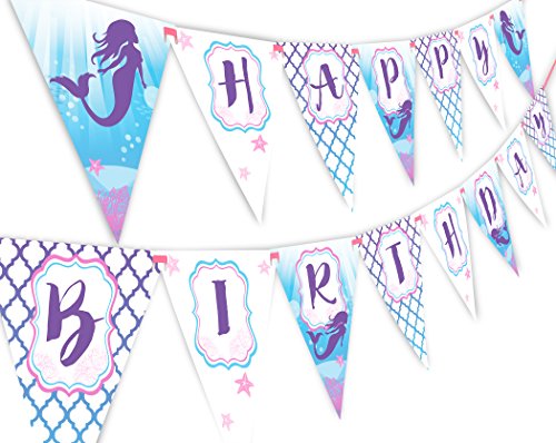 Product Cover Mermaid Happy Birthday Banner Pennant - Under the Sea Banner - Purple