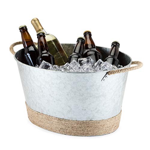 Product Cover Twine Seaside Jute Rope Wrapped Farmhouse Galvanized Ice Bucket and Metal Tub, Wine Bottle, Beer Can, Alcohol Ice Buckets, Multicolor, One Size