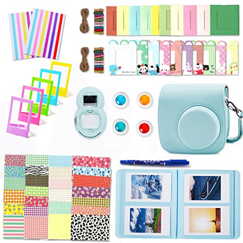 Product Cover Leebotree Camera Accessories Compatible with Fujifilm Instax Mini 9 or Mini 8 8+ Include Case/Album/Selfie Lens/Filters/Wall Hang Frames/Film Frames/Border Stickers/Corner Stickers (Ice Blue)