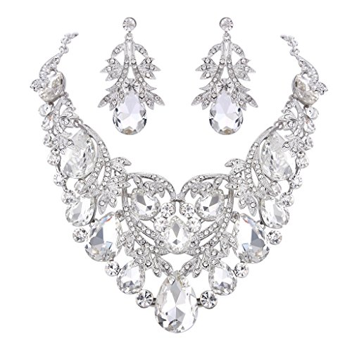 Product Cover BriLove Women's Bohemian Boho Crystal Teardrop Filigree Leaf Hollow Statement Necklace Dangle Earrings Set