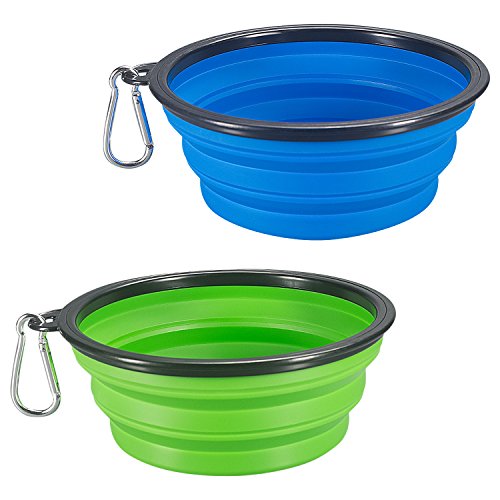 Product Cover COMSUN 2-Pack Extra Large Size Collapsible Dog Bowl, Food Grade Silicone BPA Free, Foldable Expandable Cup Dish for Pet Cat Food Water Feeding Portable Travel Bowl Blue and Green Free Carabiner