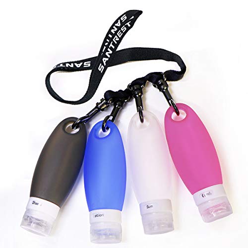 Product Cover SANTREST Leak Proof Travel Bottles - Refillable Travel Containers with Shower Lanyard,3.3oz TSA Approved Squeezable Silicone Travel Tube Set for Gym Shampoo Lotion Soap(4 Pack Multi)