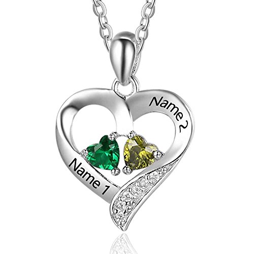 Product Cover Love Jewelry Personalized 2 Names Necklace with 2 Heart Simulated Birthstone Couple Pendant Necklace for Women (Silver)