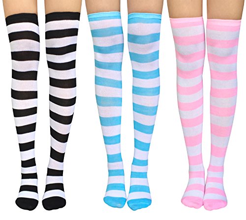 Product Cover Chalier 3 Pairs Womens Long Striped Socks Over Knee Thigh High Socks Stocking, Wide Stripes, One Size