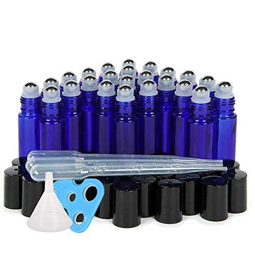 Product Cover 24 Glass Cobalt Blue Essential Oils Roller Bottles Refillable 10 ml Roll On Perfume/Aromatherapy/Organic Beauty Bottles with Stainless Steel Roller Balls & Cap (3) 3 ml Droppers (1) Funnel (1) Opener