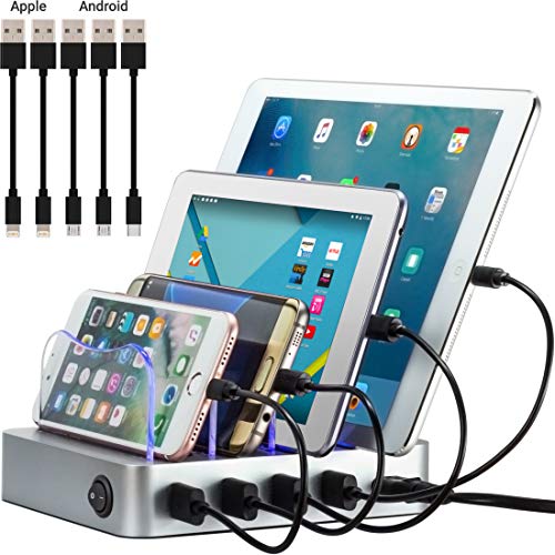 Product Cover Simicore 4-Port USB Charging Station with 5 Short Charging Cables for Apple & Android Phones, Tablets & Other Devices - with Blue Charging Status Light (Silver)