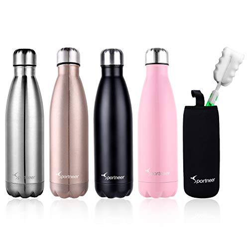 Product Cover Sportneer 17oz Double Wall Vacuum Insulated Stainless Steel Water Bottle, BONUS A Cleaning Brush & A Bottle Cover, Rose Gold