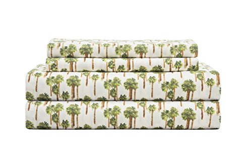 Product Cover Elite Home Products 90 GSM Microfiber Coastal Beach-Themed Printed Sheet Set, Queen, Palm Tree Ivory