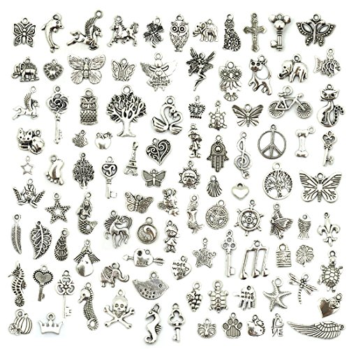 Product Cover Wholesale Bulk Lots Jewelry Making Silver Charms Mixed Smooth Tibetan Silver Metal Charms Pendants DIY for Necklace Bracelet Jewelry Making and Crafting, JIALEEY 100 PCS