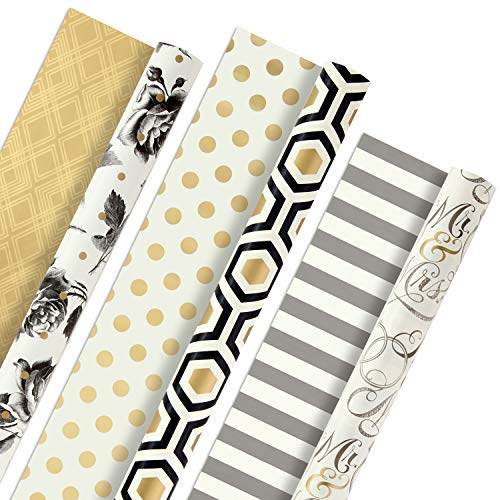 Product Cover Hallmark Reversible Wrapping Paper, Elegant (Pack of 3, 120 sq. ft. ttl.) Gold, Silver, Black Designs for Weddings, Birthdays, Graduations, Holidays and More