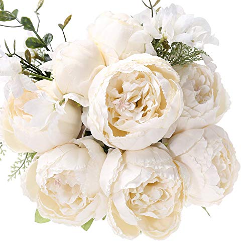 Product Cover Uworld Artificial Flowers Silk Plastic Fake Peony Flower Vintage Peonies Bouquet DIY Wreath for Home Wedding Centerpieces Décor (Ivory)