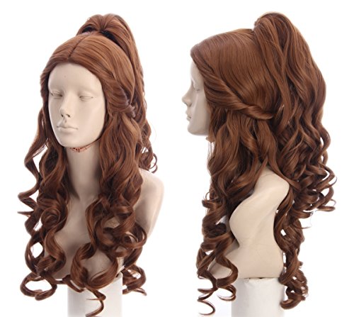 Product Cover Topcosplay Womens Wigs Long Curly Brown Halloween Costume Party Cosplay Wig Wave with Ponytail