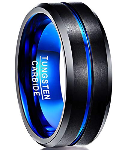 Product Cover NUNCAD Men's 8mm Tungsten Carbide Ring Blue & Black Matte Finish Beveled Edge Wedding Band Size 4 to 17