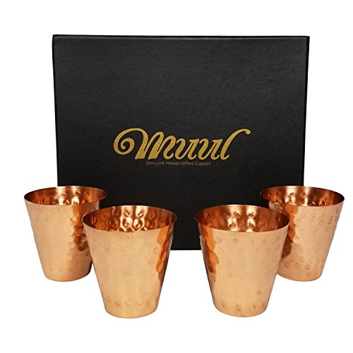 Product Cover Moscow Mule Copper Shot Glasses Set Of 4-100% Pure Copper Handmade Hammered Shot Glasses in Gift box,With Food Safe Protection Lining ! Includes 4 - Copper Shot Glasses - MUUL by VacFlow