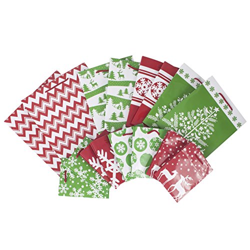 Product Cover Image Arts Holiday Gift Bag Assortment, Red and Green Snowflakes, Reindeer, Chevron (Pack of 16 Small, Medium, Large Bags for Classrooms, Treats, Gift Exchanges)