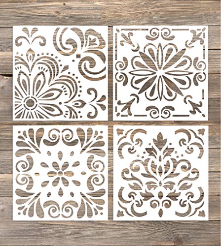 Product Cover GSS Designs Pack of 4 Stencils Set (6x6 Inch) Laser Cut Painting Stencil Floor Wall Tile Fabric Wood Stencils -Reusable Template (SL-006)