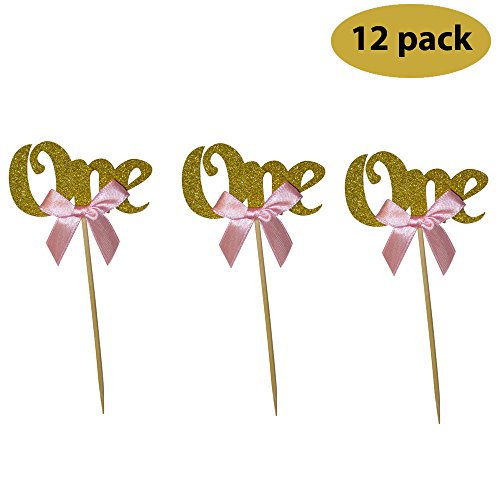 Product Cover Glitter Gold 1st Birthday Party Decoration. One Cupcake Cake Topper With Pink Bow 12CT. ...