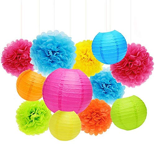 Product Cover ZJHAI Set of 20 Assorted Rainbow Color Paper Pom Poms and Paper Lanterns, 5 Colors, for Party, Baby Shower and Wedding Decorations