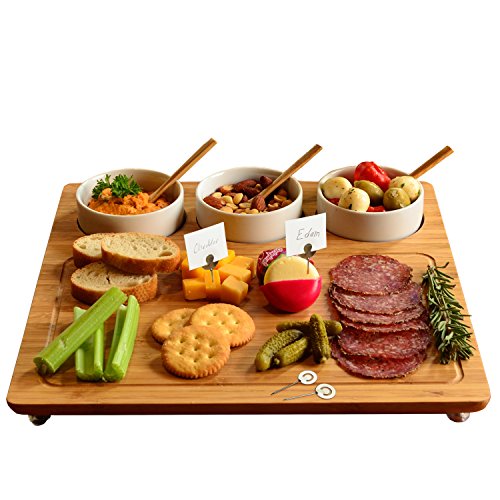 Product Cover Picnic at Ascot Bamboo Cheese Board/Charcuterie Platter - Includes 3 Ceramic Bowls with Bamboo Spoons & Cheese Markers -13