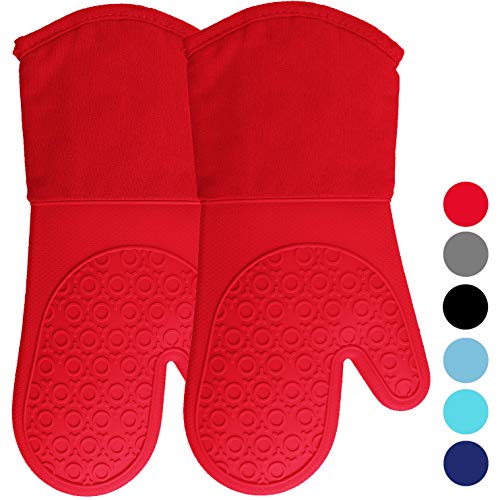 Product Cover Silicone Oven Mitts with Quilted Cotton Lining - Professional Heat Resistant Potholder Kitchen Gloves - 1 Pair (Red) - Homwe