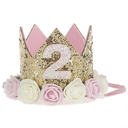 Product Cover Golden Swallow 2nd Birthday Crown Baby Girl Flower Tiara Headband Party Hat Hairband