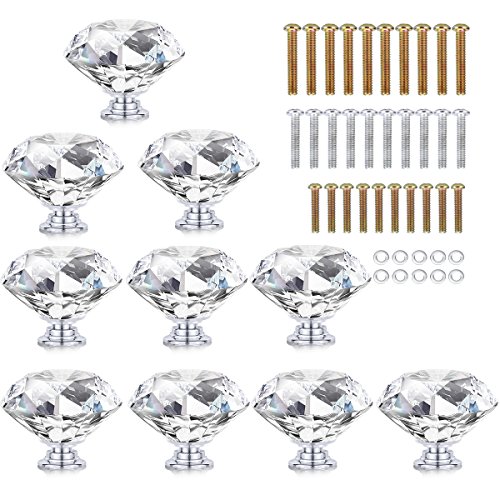 Product Cover HOMEIDEAS 10PCS 40MM Crystal Drawer Knobs Glass Cabinet Knobs Diamond Shaped Drawer Pulls Handle for Home, Cabinet, Cupboard and Dresser, 3 Size Screws