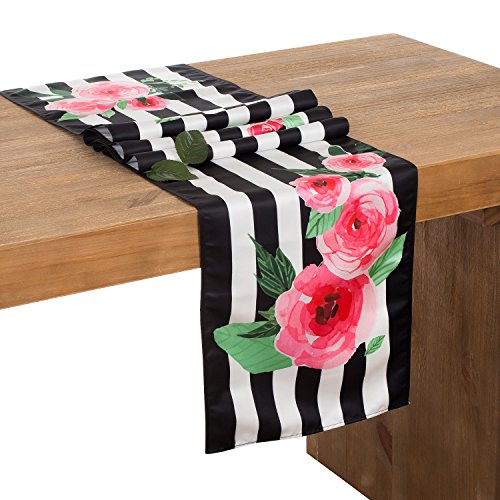 Product Cover Ling's moment 12 x 72 Inch Floral Black and White Striped Table Runner for Wedding Party Bridal Shower Decorations